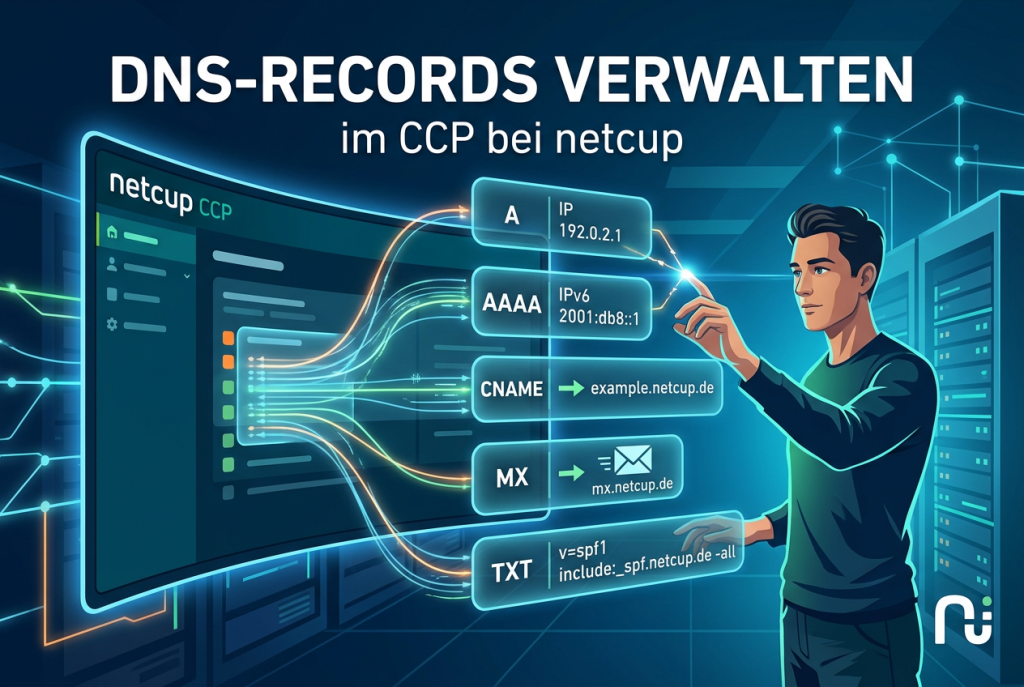 netcup CCP Oberfläche zur Verwaltung von DNS-Records mit A, AAAA, CNAME, MX und TXT Einträgen für Domains