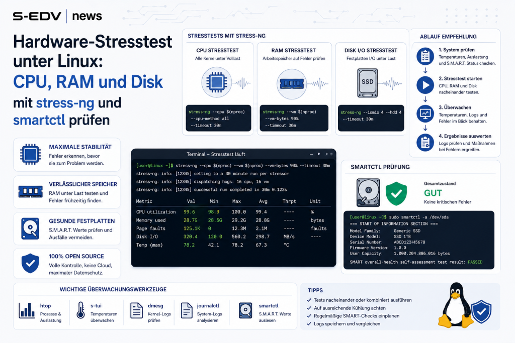 Moderne IT Grafik zum Hardware Stresstest unter Linux mit stress-ng und smartctl. Die Darstellung zeigt CPU Belastungstests, RAM Prüfungen, Festplatten und SSD Diagnosen, SMART Werte, Systemüberwachung sowie Stabilitäts und Leistungstests zur Fehleranalys