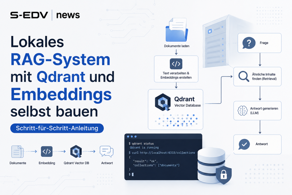 Moderne IT Titelgrafik für ein lokales RAG System mit Qdrant, Embeddings, Dokumentenverarbeitung, Retrieval Workflow und LLM Antwortgenerierung als Schritt für Schritt Anleitung.