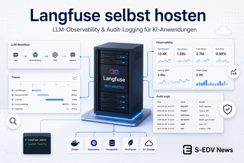 Moderne Server und Dashboard Grafik für selbst gehostetes Langfuse mit LLM Observability, Trace Analyse, Audit Logging und KI Anwendungsüberwachung.