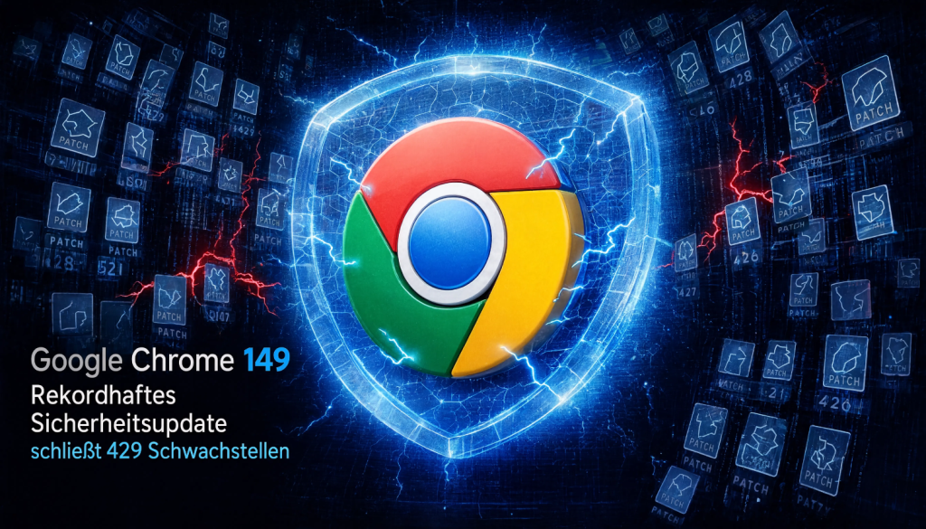 Google Chrome Logo umgeben von leuchtendem Schutzschild und 429 Patch-Symbolen – Symbolbild zum rekordhaften Sicherheitsupdate Chrome 149.