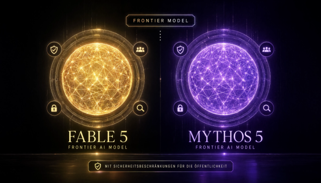 Claude Fable 5 Mythos 5 Hero Artwork mit Twin Orbs und futurischer AI-Optik