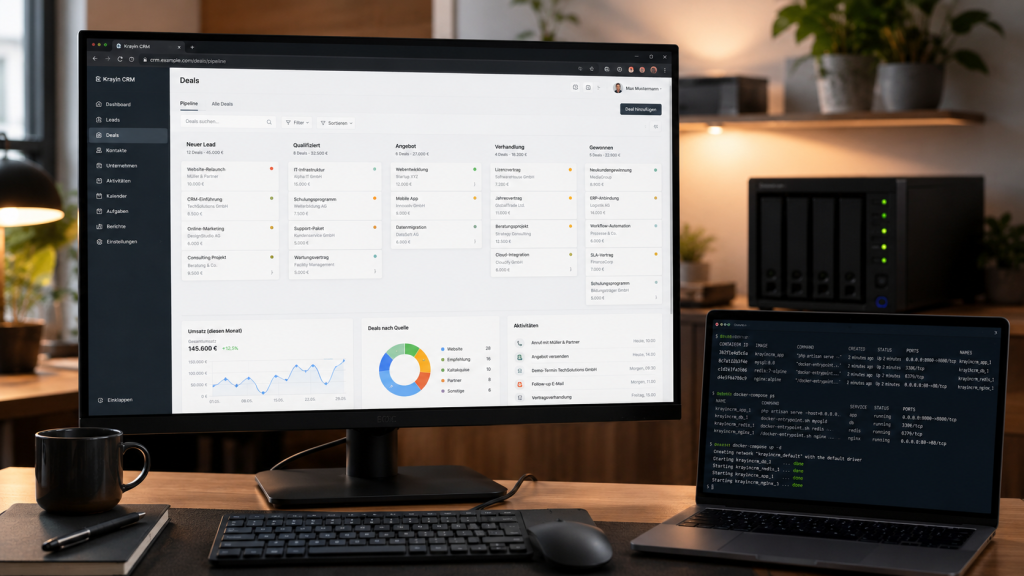 Hero Bild zu Krayin CRM mit Docker, Laravel basiertes Vertriebs CRM als HubSpot Alternative mit Pipeline Dashboard und moderner Büro IT Umgebung.