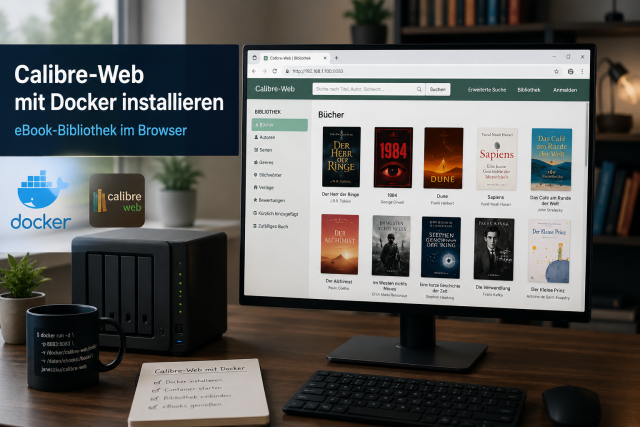 Hero Bild zu Calibre-Web mit Docker auf einem NAS, eBook-Bibliothek im Browser mit Buchcovern und moderner Desktop Umgebung.