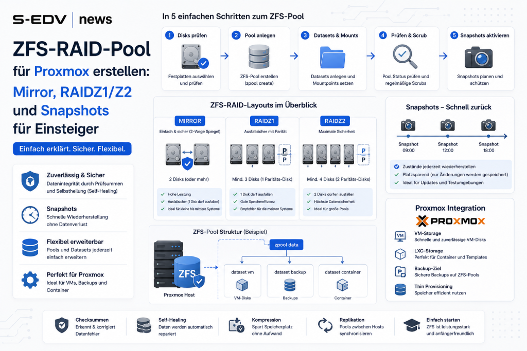 Moderne IT Grafik zur Erstellung eines ZFS RAID Pools in Proxmox. Die Darstellung erklärt Mirror, RAIDZ1 und RAIDZ2, zeigt die Einrichtung von Speicherpools, Snapshots, Datensicherheit, Self Healing, Backups und die Integration von ZFS Storage für virtuel