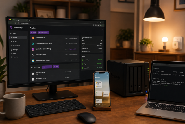Hero Bild zu Homebridge mit Docker auf einem NAS, um nicht HomeKit fähige Geräte in Apple Home einzubinden, mit Homebridge Weboberfläche, Apple Home App und Smart Home Geräten.