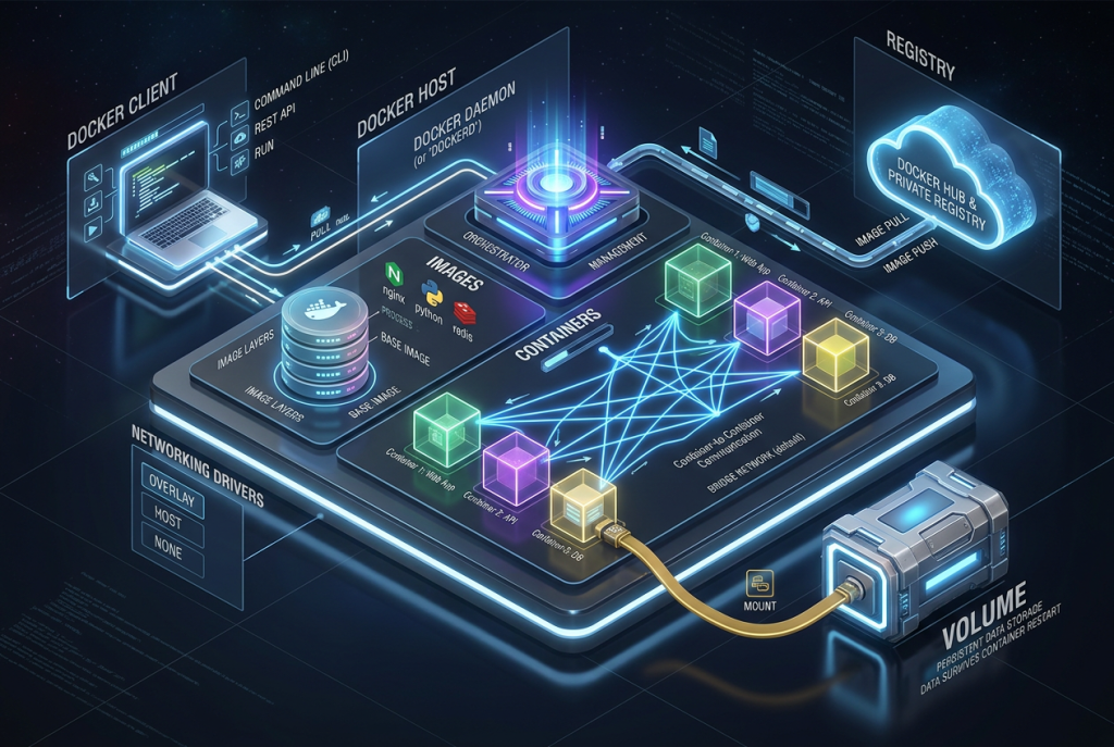 Infografik zur richtigen Nutzung von Docker-Netzwerken und Volumes, mit Container-Kommunikation über Bridge-Netzwerke, isolierten Diensten, persistenten Daten und benannten Volumes.