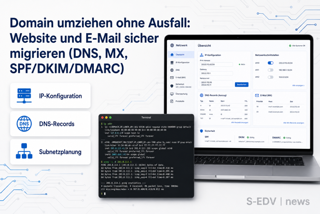 Domain umziehen ohne Ausfall: Website und E-Mail sicher migrieren (DNS, MX, SPF/DKIM/DMARC)