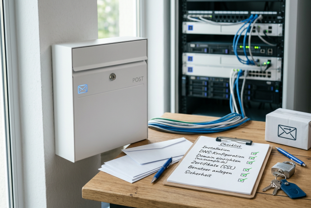 Realistisches Hero-Bild ohne Menschen und ohne Computer mit Briefkasten, Umschlägen, Schloss und Mailserver-Symbolik für einen Artikel über mailcow.