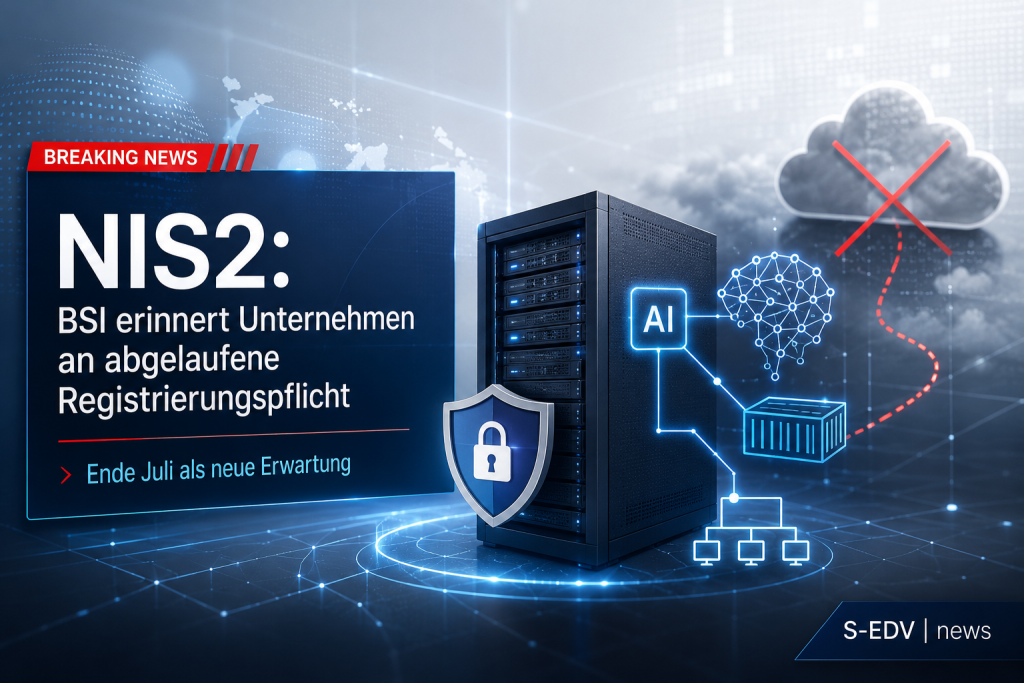 NIS2 IT News Grafik: Das BSI erinnert Unternehmen an die abgelaufene Registrierungspflicht und nennt Ende Juli als neue Erwartung für die NIS2 Registrierung. Dargestellt sind Serverinfrastruktur, Cybersicherheit und digitale Netzwerke in moderner Nachrich
