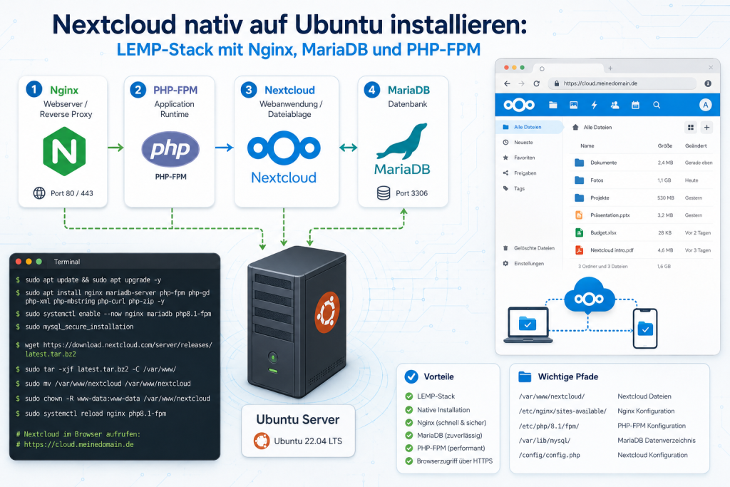 Moderne IT-Grafik zur Anleitung für die native Installation von Nextcloud auf Ubuntu mit LEMP-Stack, Nginx, MariaDB und PHP-FPM, inklusive Server, Terminal, Weboberfläche und wichtiger Konfigurationspfade.