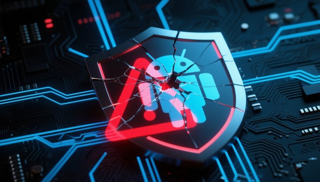 Gebrochenes digitales Sicherheitsschild als Symbol für eine aktiv ausgenutzte Android-Schwachstelle