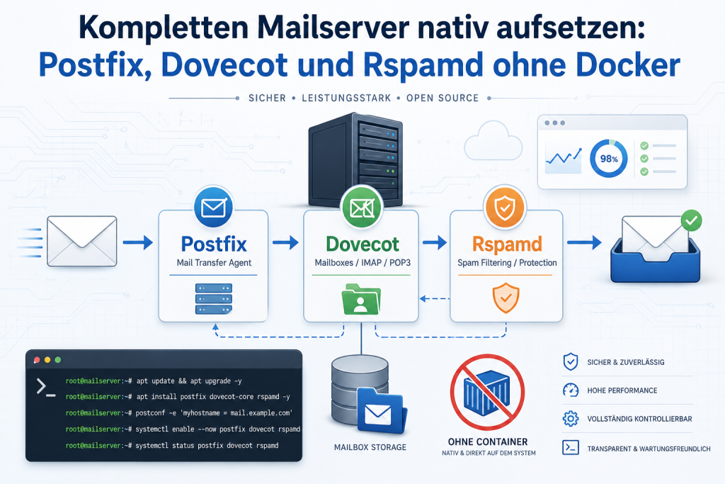 Moderne IT-Grafik zur Anleitung für einen nativen Mailserver mit Postfix, Dovecot und Rspamd ohne Docker, inklusive Mailfluss, Terminal, Spamfilter und Serverstruktur.