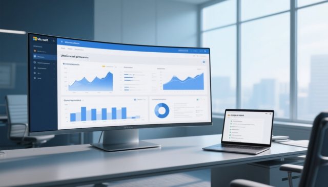 Moderner Büroarbeitsplatz mit SharePoint-Governance-Dashboard auf großem Ultrawide-Monitor