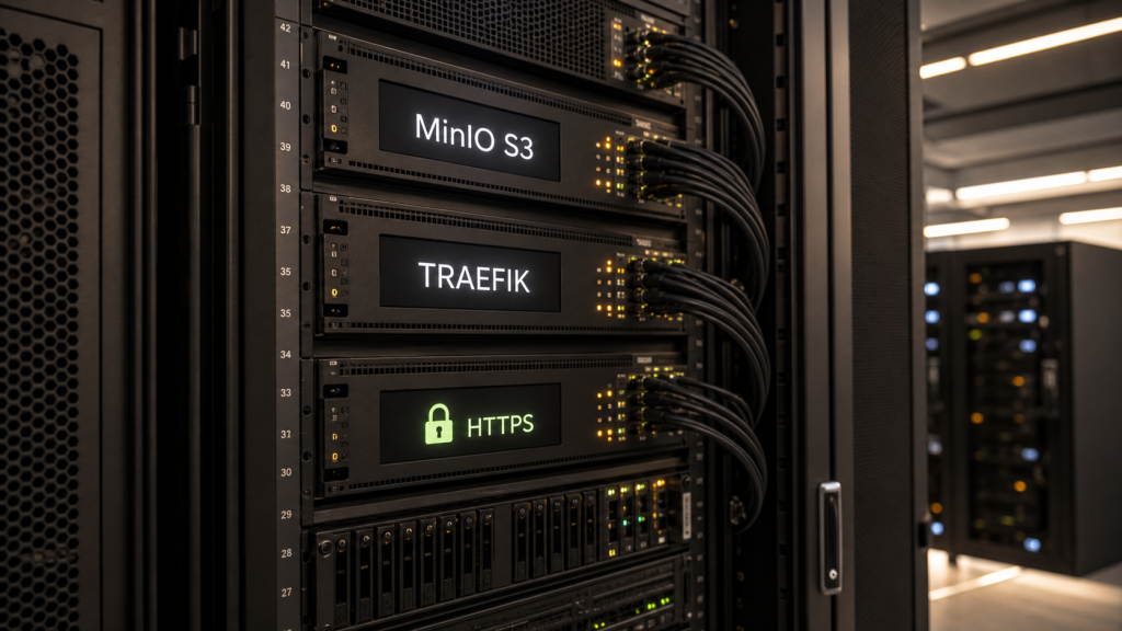 Ein realistisches Server-Rack in einem Rechenzentrum mit leuchtenden LED-Displays, auf denen "MinIO S3", "TRAEFIK" und "HTTPS" mit einem Schloss-Symbol stehen.