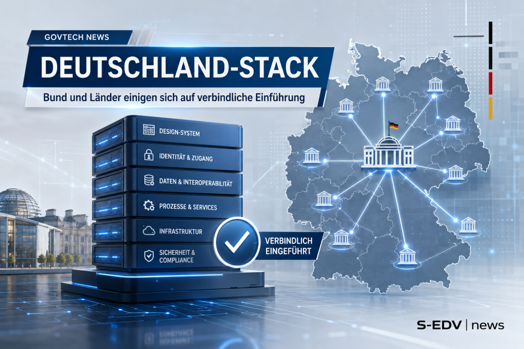 Deutschland Stack Newsgrafik zeigt verbindliche Einführung durch Bund und Länder mit digitalem Verwaltungs Stack, Deutschlandkarte, föderalen Netzwerkknoten und GovTech Infrastruktur.