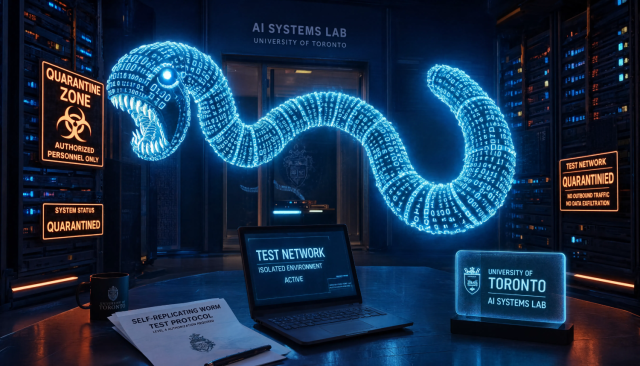 Leuchtender digitaler Wurm aus Binärcode schlängelt sich durch isolierte Server in einem Testlabor – Symbolbild zum KI-gesteuerten selbstreplizierenden Wurm der Universität Toronto.