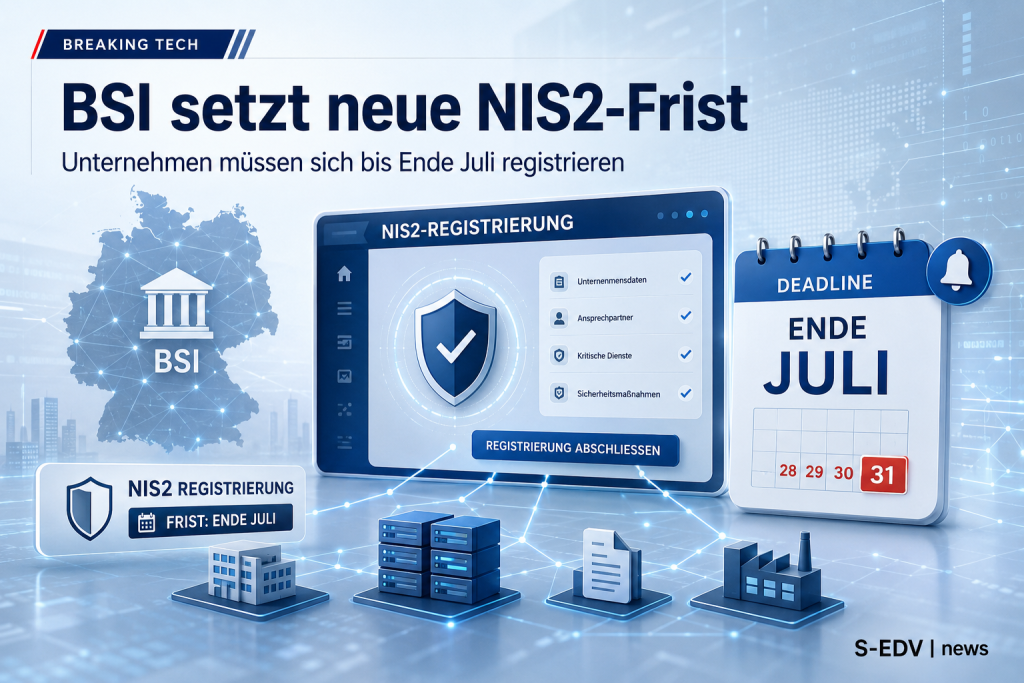 BSI setzt neue NIS2 Frist bis Ende Juli für Unternehmen mit digitalem Registrierungsportal, Compliance Dashboard, Deutschlandkarte und Deadline Hinweis.