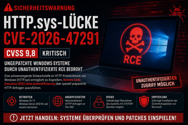 Warnmeldung zu CVE-2026-47291 in HTTP.sys: Eine kritische Schwachstelle mit CVSS 9,8 ermöglicht auf ungepatchten Windows-Systemen unter bestimmten Voraussetzungen unauthentifizierte Remote Code Execution über das Netzwerk.