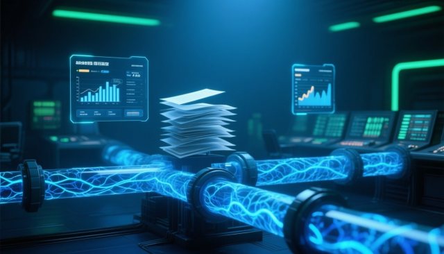 Futuristische 3D-Darstellung einer RAG-Datenpipeline mit leuchtenden Knoten und Ranking-Metriken