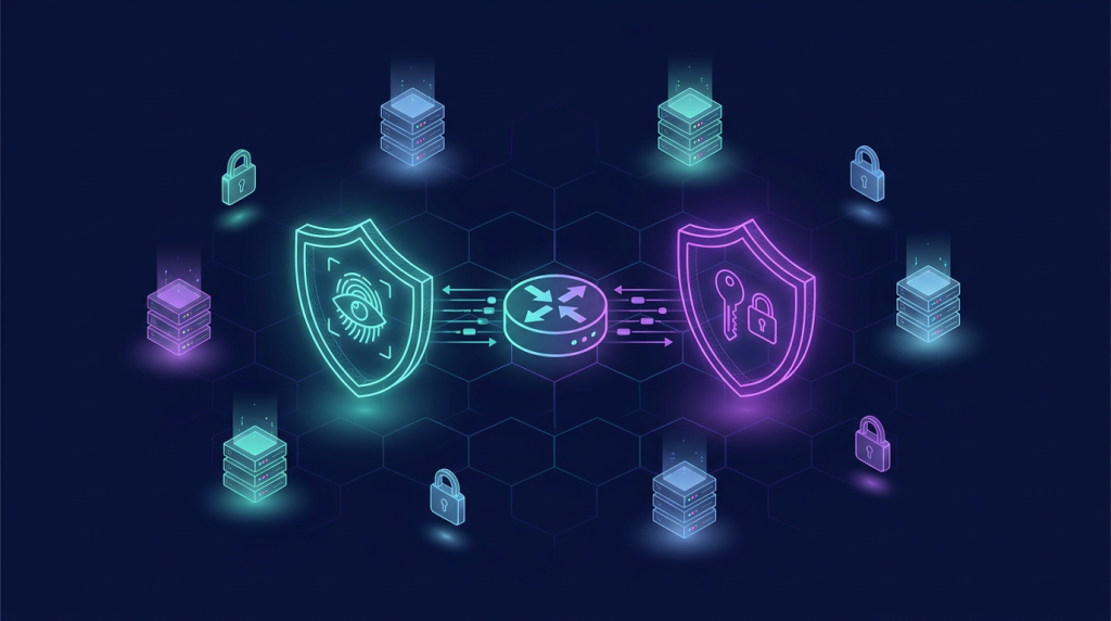 Zwei leuchtende Sicherheits-Symbole stehen für Authentik und Authelia, verbunden durch einen Reverse-Proxy: Single-Sign-On-Authentifizierung für selbst gehostete Server-Stacks mit Traefik Forward-Ath.