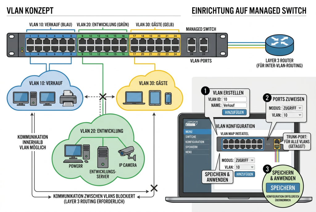 Infografik, die VLANs verständlich erklärt und zeigt, wie man sie auf einem Managed Switch einrichtet, mit VLAN-IDs, Access-Ports, Trunk-Ports und PVID.
