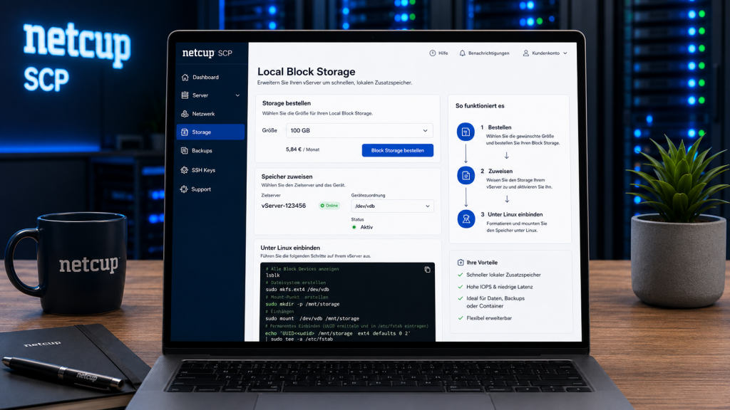 netcup SCP Dashboard für Local Block Storage mit Bestellung, Zuweisung zum vServer und Linux Einbindung über lsblk, mkfs, mount und fstab