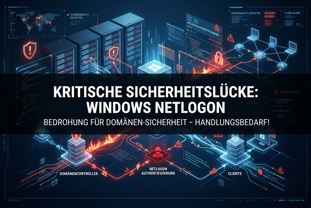 Dunkles Cybersecurity-Hero-Bild zu einer kritischen Windows-Netlogon-RCE mit mittigem Warntext und abstrahierten Server- und Netzwerk-Elementen.