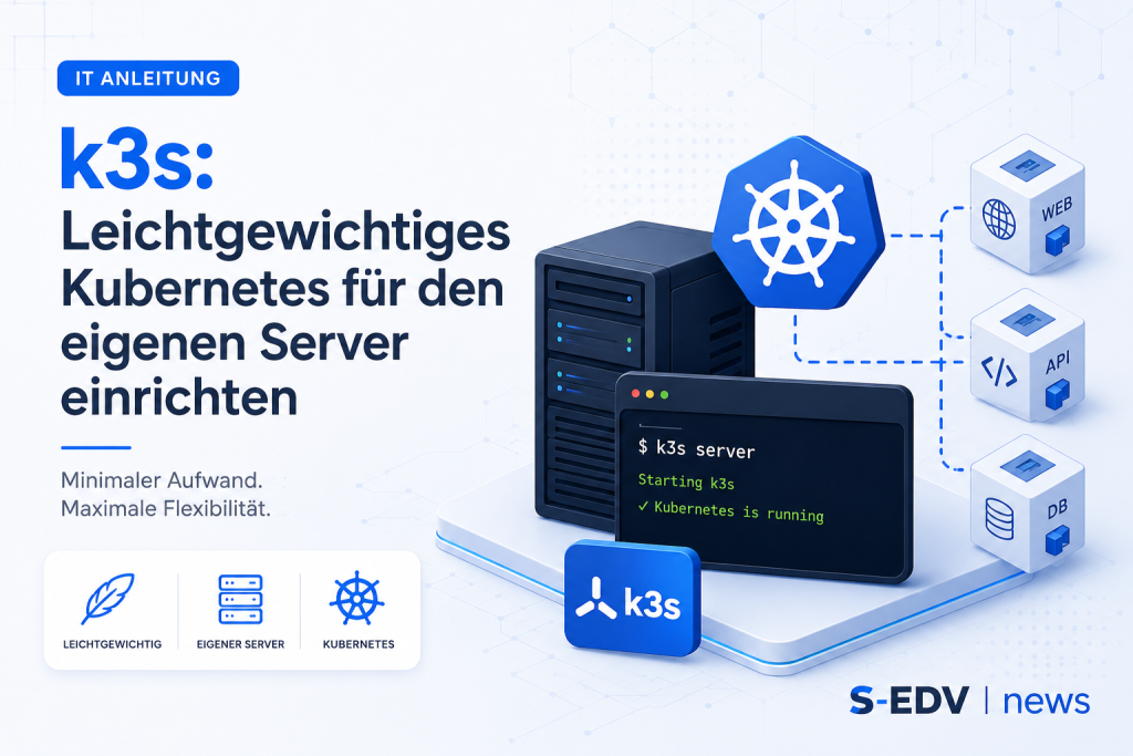Moderne IT Anleitungsgrafik zu k3s Kubernetes auf eigenem Server mit Server, Terminal Fenster, Kubernetes Symbolen und S EDV News Wasserzeichen