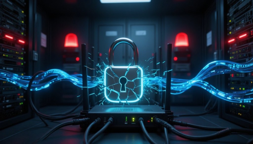Gebrochenes Schloss über Netzwerk-Hardware als Symbol für kritische Sicherheitslücken in UniFi OS