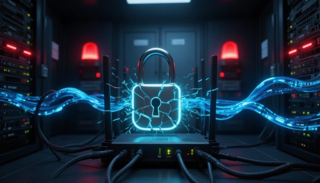 Gebrochenes Schloss über Netzwerk-Hardware als Symbol für kritische Sicherheitslücken in UniFi OS