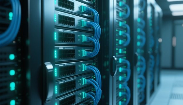 Modernes Serverrack mit blauem LED-Licht im Rechenzentrum