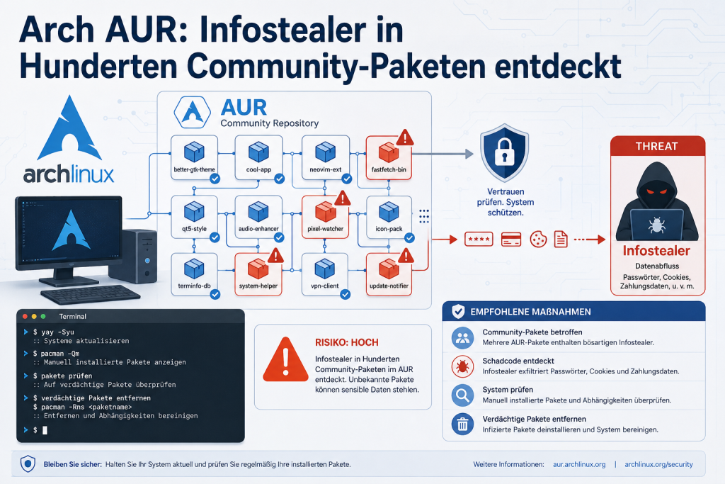 Moderne IT-Grafik zur News über einen entdeckten Infostealer in Hunderten Arch-AUR-Community-Paketen, mit Arch-Linux-Symbolik, Paketübersicht, Sicherheitswarnung, Terminal und Empfehlungen zur Systemprüfung.