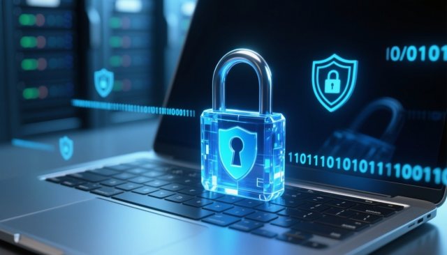 Digitales Schloss auf Laptop symbolisiert BitLocker-Laufwerkverschlüsselung
