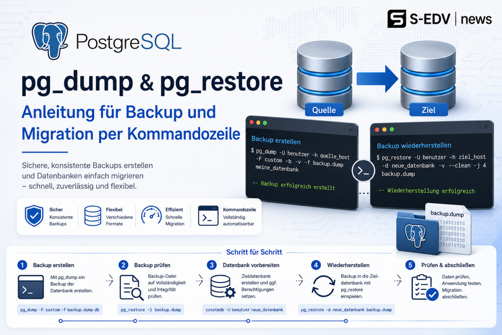 PostgreSQL pg_dump und pg_restore Anleitung für Datenbank Backup, Wiederherstellung und Migration per Kommandozeile mit Terminal, Datenbankserver und Backup Datei in professioneller IT Infrastruktur Darstellung.