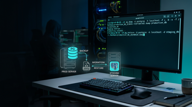 Hero-Bild zu PostgreSQL mit Terminal, Backup per pg_dump und Wiederherstellung per pg_restore für Migration und Datensicherung über die Kommandozeile.