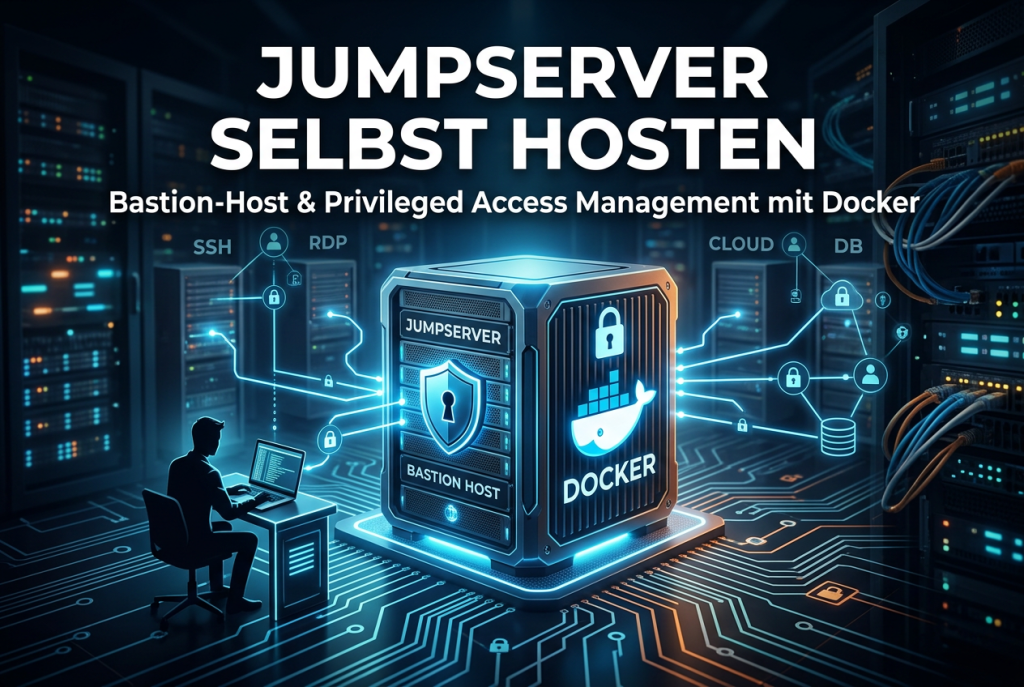 JumpServer mit Docker selbst hosten als Bastion-Host und Privileged Access Management für sicheren SSH-Zugriff, zentrale Benutzerverwaltung und kontrollierte Server-Administration