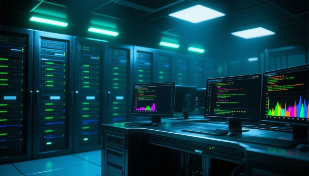 Serverraum mit leuchtenden Rack-Servern und Terminal-Monitoring-Bildschirmen