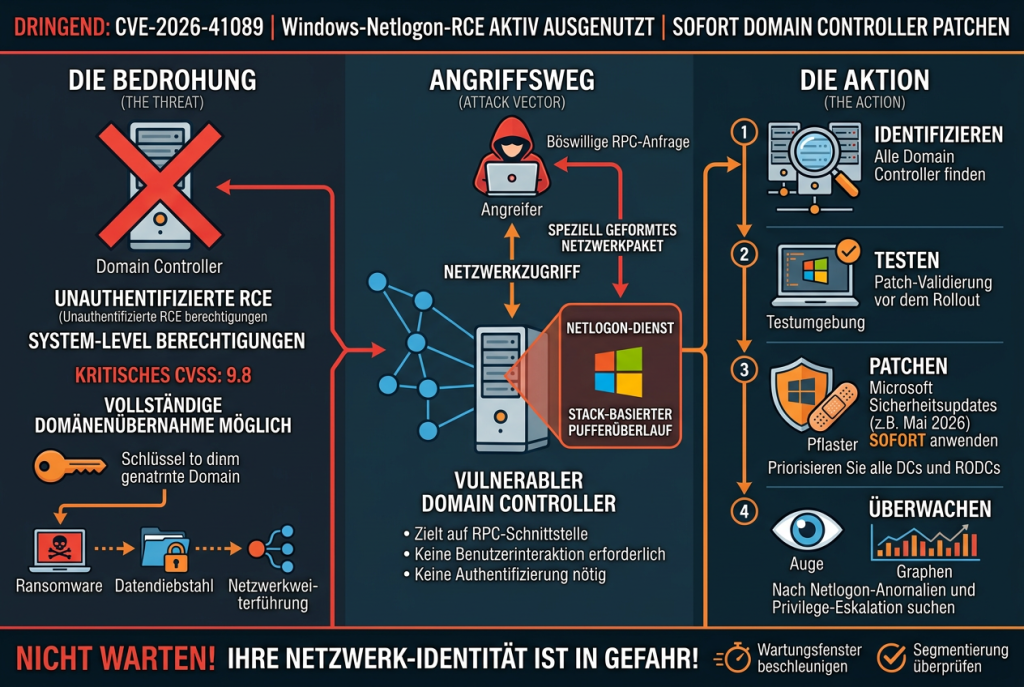 Warn-Infografik zu CVE-2026-41089, einer aktiv ausgenutzten Windows-Netlogon-RCE auf Domain Controllern, mit ungepatchtem DC, Netzwerkangriff ohne Authentifizierung, dringendem Patchen und priorisiertem Schutz von Active Directory.