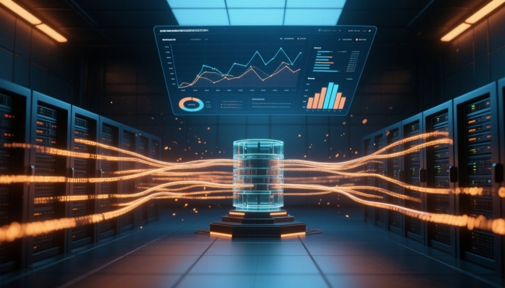 Schematische Darstellung zentralisierter Logs: Datenströme von Servern fließen in eine zentrale Datenbank und ein Analyse-Dashboard
