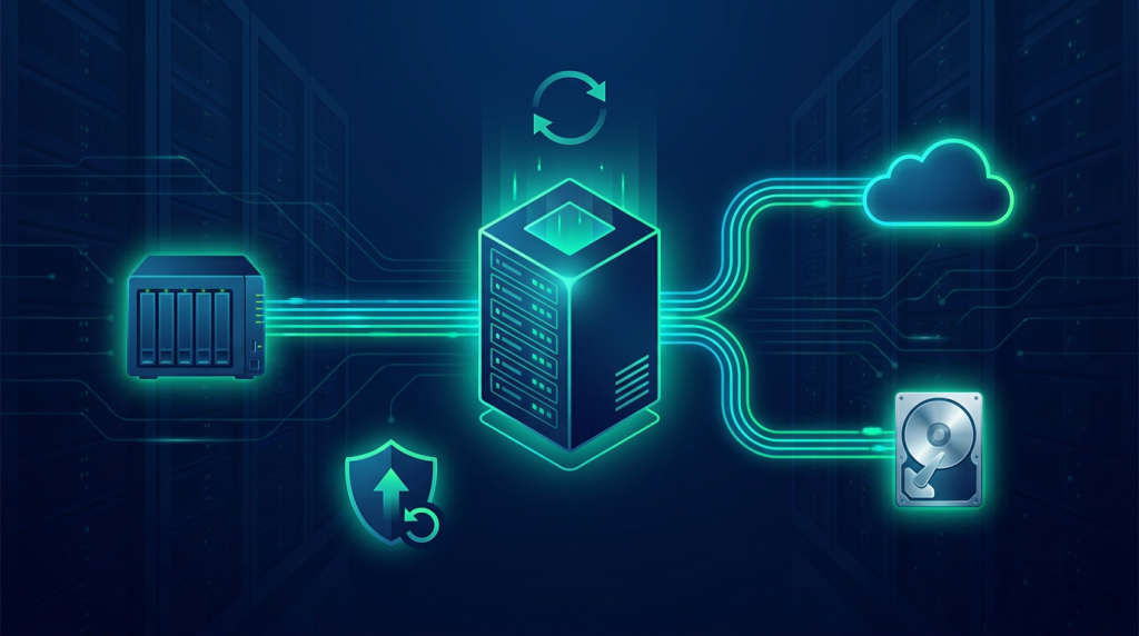 Zentraler Server mit Datenströmen zu Cloud, externer Festplatte und NAS, umgeben von Rotationssymbol und Restore-Schild: KeyHelp-Backup richtig einrichten mit externer Sicherung, Backup-Rotation und getestetem Restore.