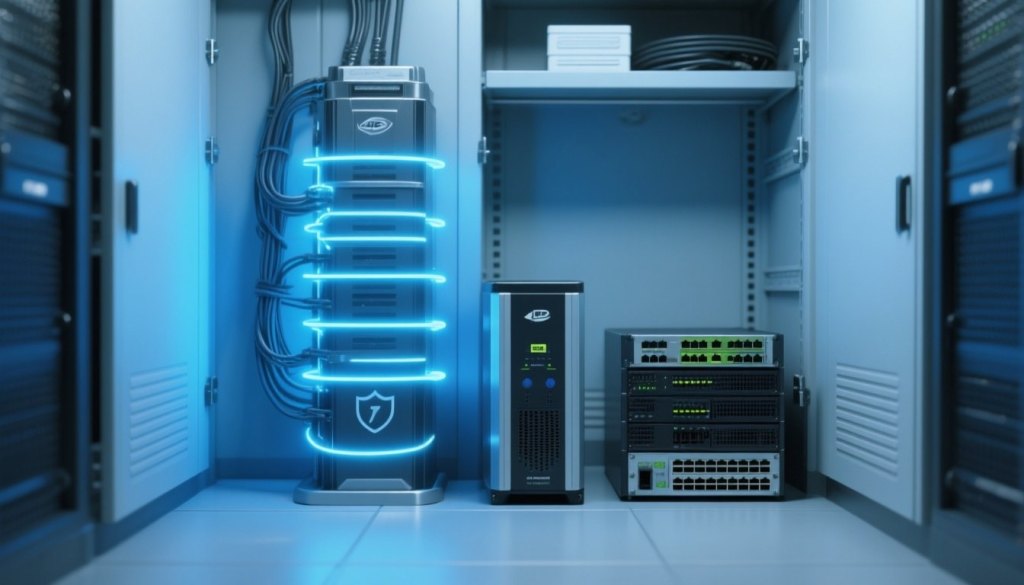 USV-Batterieturm neben einem kleinen Rack-Server und Netzwerk-Switch in einem aufgeräumten Serverschrank, blaues Schutz-Glühen symbolisiert die unterbrechungsfreie Stromversorgung