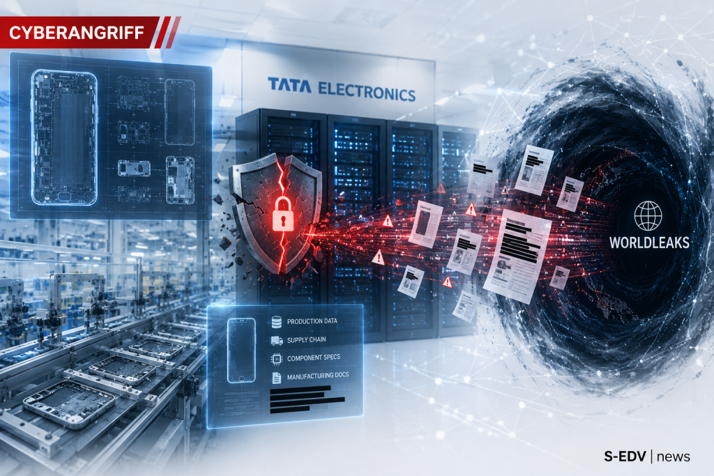 Cyberangriff auf Tata Electronics mit geleakten Apple iPhone Fertigungsdaten bei WorldLeaks als professionelle IT News Grafik mit Servern, Datenleck und Cybersecurity Atmosphäre.