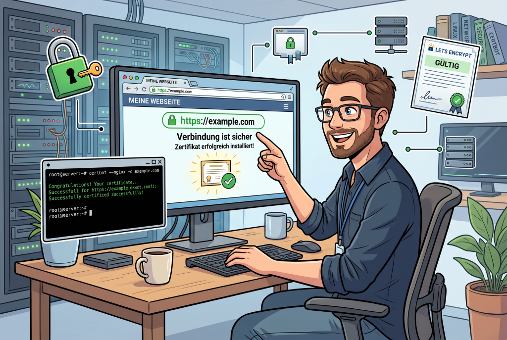Freundliches Comic-Hero-Bild mit Server, HTTPS-Schloss und Certbot-Bezug für einen Artikel über Let’s Encrypt.