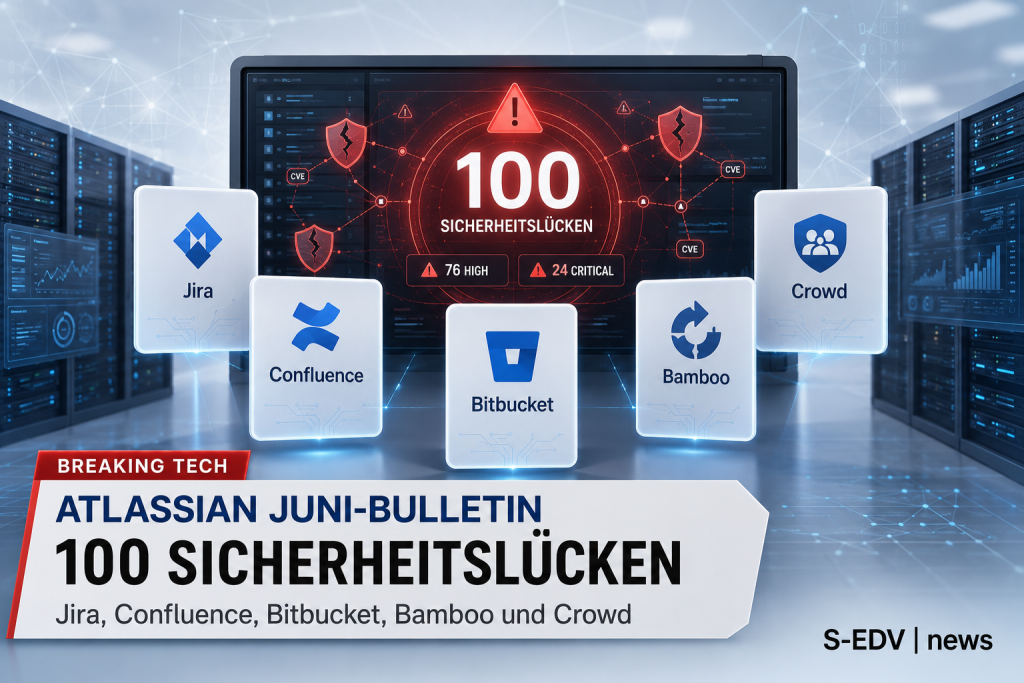 Atlassian Juni Bulletin zeigt 100 Sicherheitslücken in Jira, Confluence, Bitbucket, Bamboo und Crowd mit kritischem Sicherheitsalarm für betroffene Data Center Systeme.
