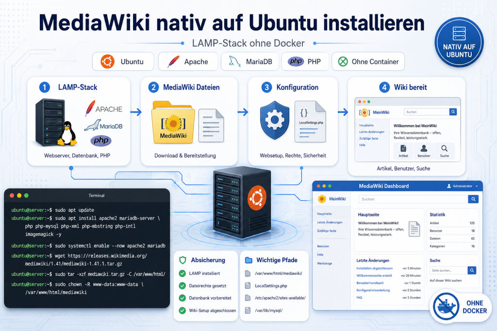 Moderne IT-Grafik zur Anleitung für die native Installation von MediaWiki auf Ubuntu mit LAMP-Stack ohne Docker, inklusive Apache, MariaDB, PHP, Terminal, Server, Wiki-Dashboard und wichtigen Pfaden.