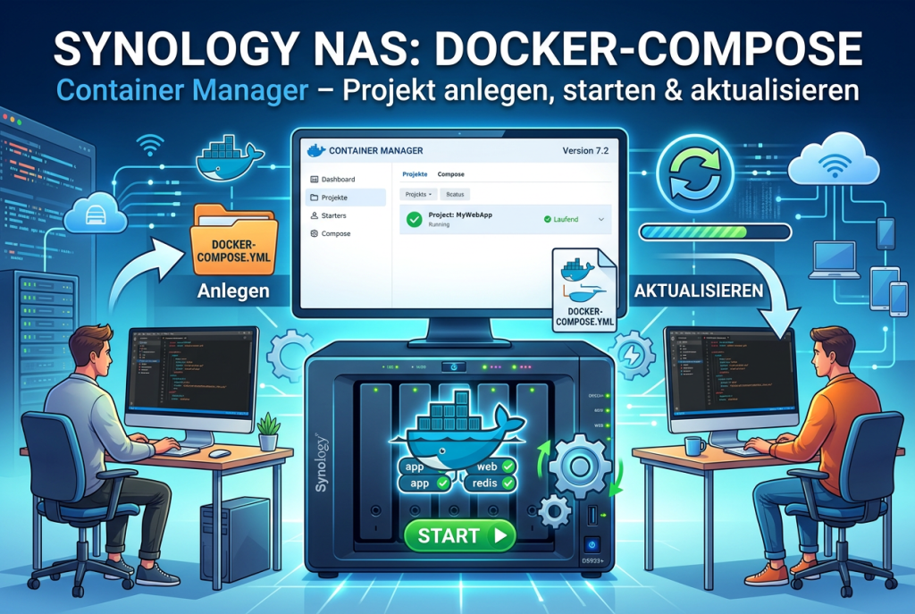 Synology Container Manager mit Docker Compose Projekt zum Anlegen, Starten und Aktualisieren von Containern auf dem NAS