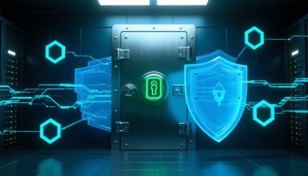 Gehärtetes digitales Tresorschloss mit Schutzschichten als Symbol für Vaultwarden-Sicherheit