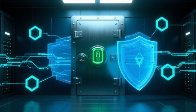 Gehärtetes digitales Tresorschloss mit Schutzschichten als Symbol für Vaultwarden-Sicherheit