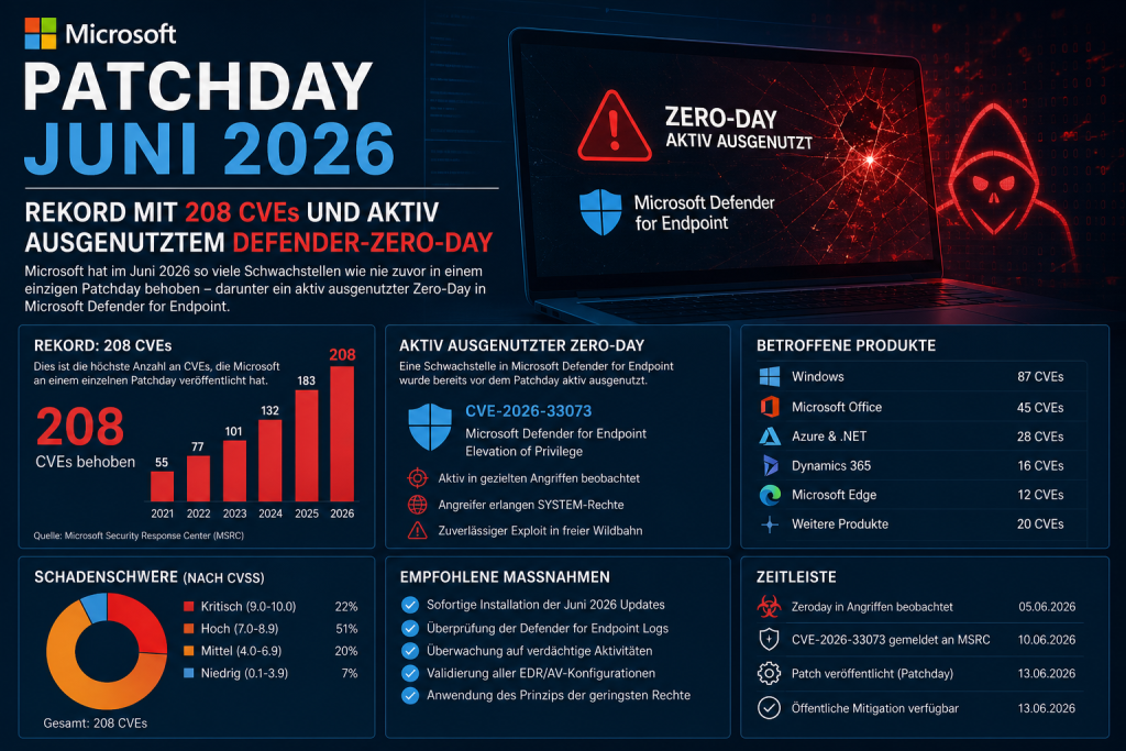 Grafik zum Microsoft Patchday im Juni 2026 mit einem Rekord von 208 geschlossenen CVEs sowie einer bereits aktiv ausgenutzten Zero-Day-Schwachstelle in Microsoft Defender.